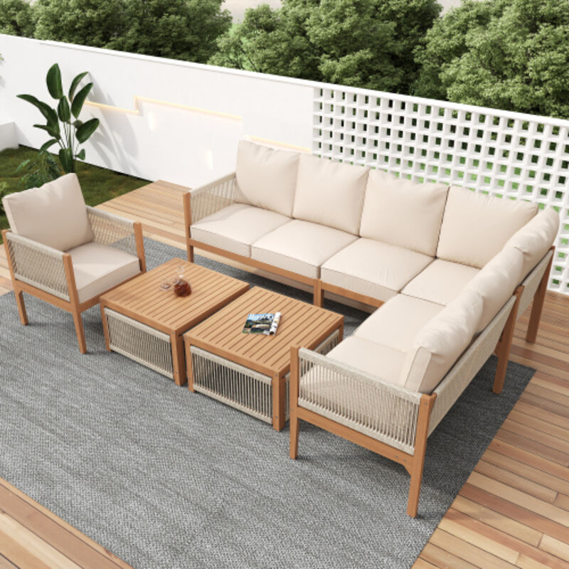 Set Di Mobili Da Giardino, Set Da Salotto Per 7-8 Persone. Set Di Mobili Da Giardino Con Divano, Tavolo E Cuscini, Rivestimento In Tessuto Sfoderabile E Lavabile, Nei Colori Naturale E Beige.