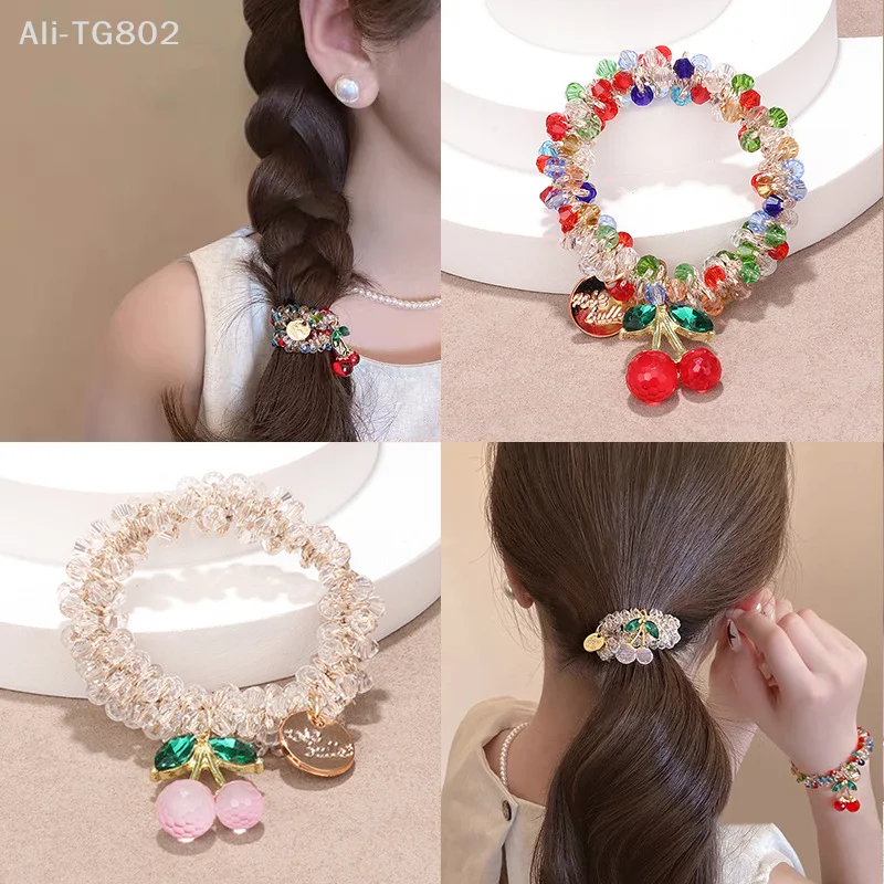 Buntes elastisches Haarband mit Strass-Kirschen für Frauen und Mädchen, süßes Haarschmuck-Scrunchie, Haargummi, Kristall-Haar-Accessoires Image