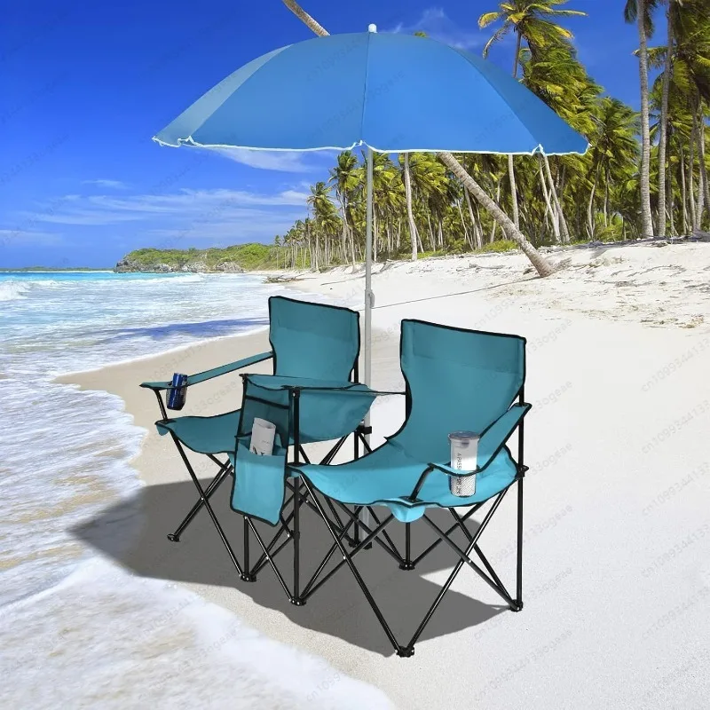 Tragbarer Strandstuhl mit doppeltem Sonnenschirm, leicht zu tragender Aluminium-Rasenstuhl für den Außenbereich, für Camping, Picknick, Terrasse am Meer, modernes Design