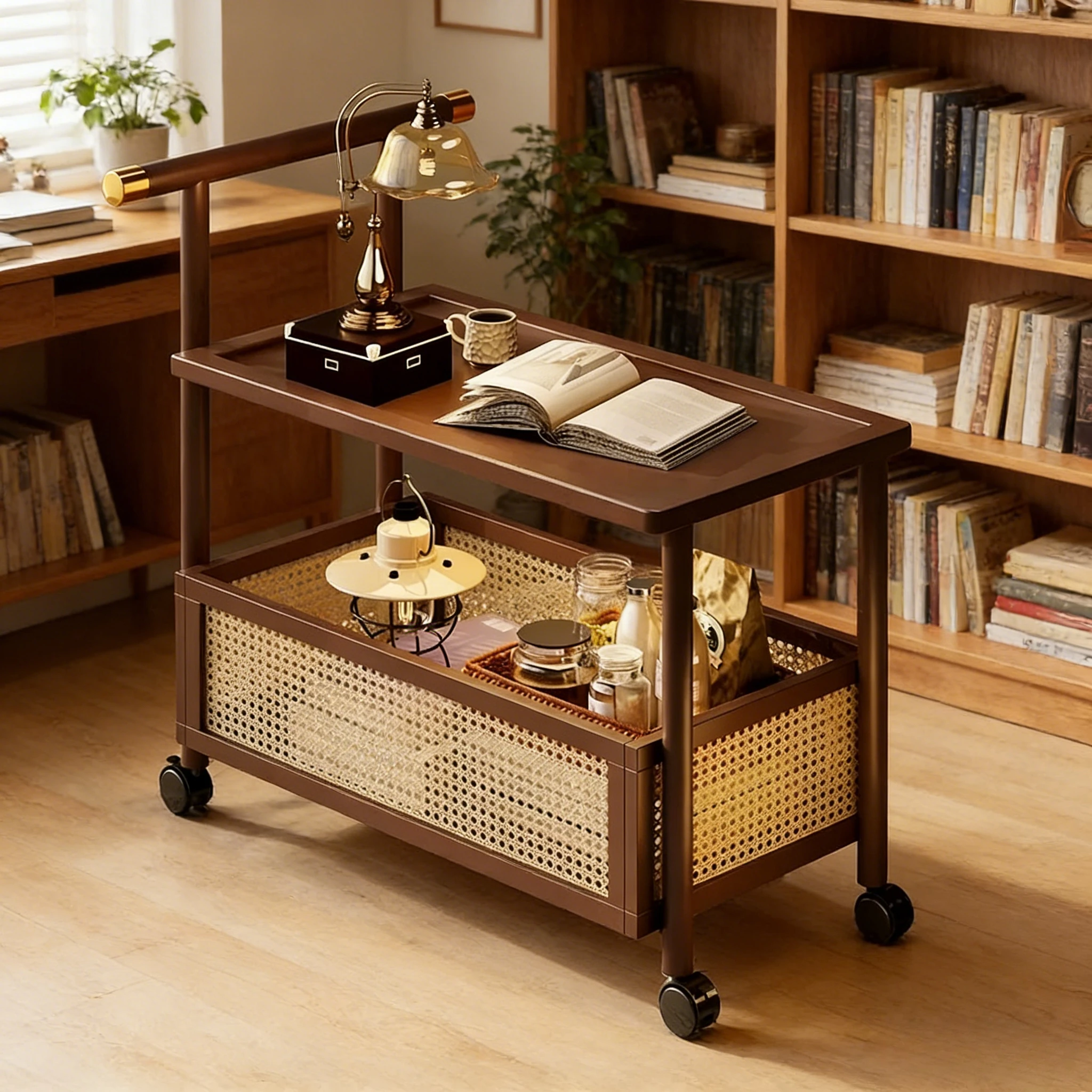 Antiker mobiler Sofa-Beistelltisch, Teetisch, kleiner Schiebetisch, moderner Teewagen, luxuriöser Couchtisch, Balkontisch, Rattanmöbel