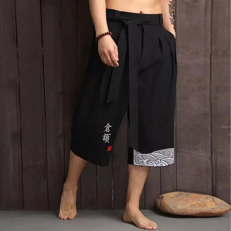Japanische Kimono-traditionelle Hose für Herren, asiatische Kleidung, Badehose, lässig, locker, männlich, japanischer Stil, Yukata-Hose, Leinen, kurze Hose Image