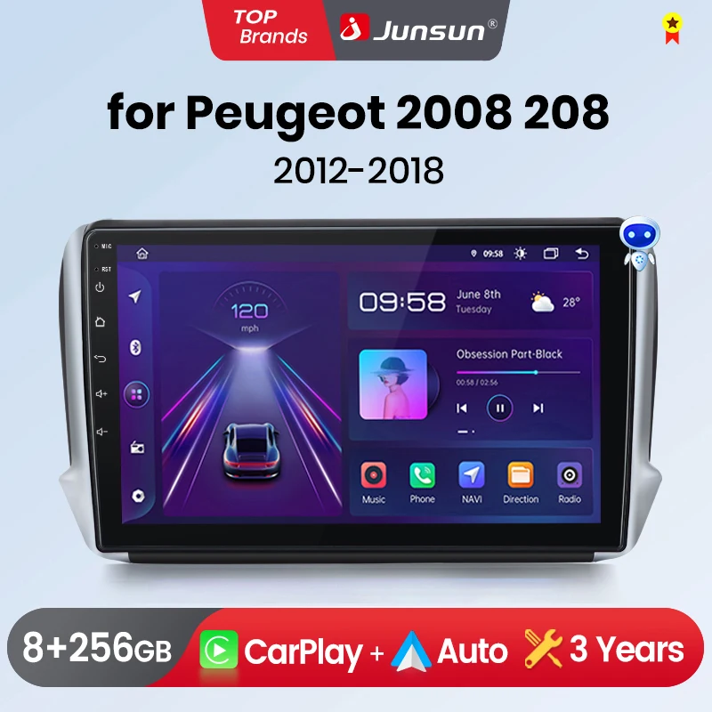 Junsun Kabelloses CarPlay Android Auto Autoradio für Peugeot 2008 208 2012 - 2018 2 DIN Multimedia-Stereoanlage mit integriertem Lüfter GPS-Navigation SWC Bluetooth FM RDS DSP IPS-Bildschirm Intelligente Autosysteme 4G WiFi 8-Kern Plug&Play... Image