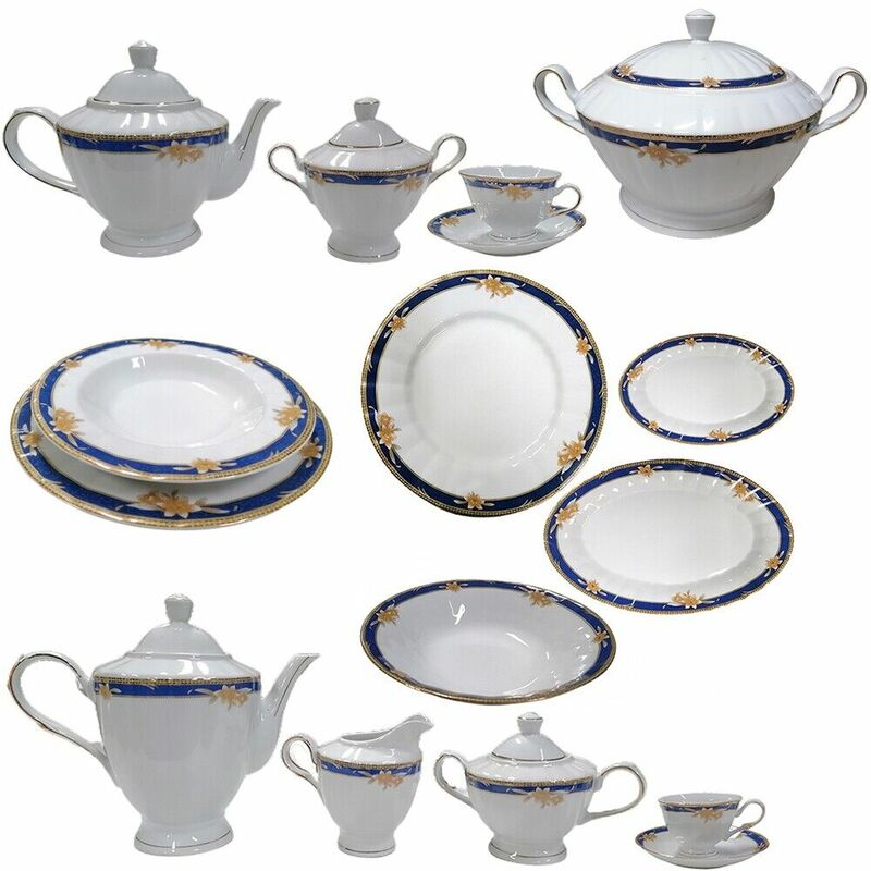 Servizio Di Piatti Porcellana Fiore Filo Oro Blu Tazze Tè Tazzine Caffè Teiera Lattiera Zuppiera-set Caffettiera + Zuccheriera - Set Tavola Porcellana: Set Caffettiera+zuccheriera + Lattiera