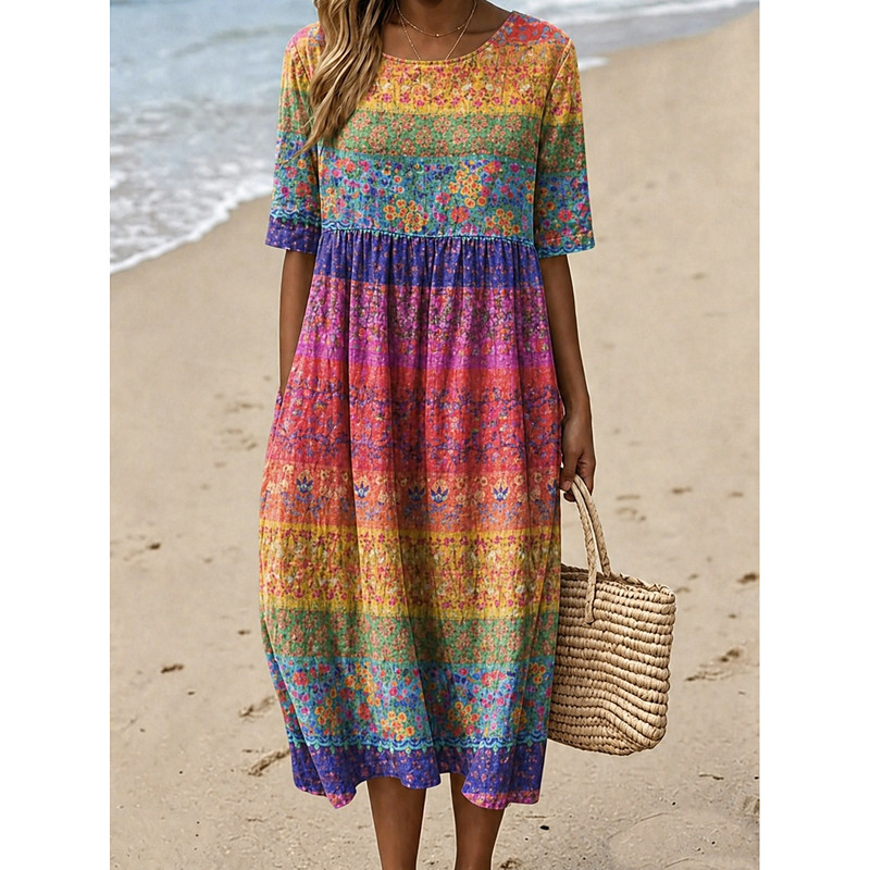 Women's Midi Dress Sheath Dress T Shirt Dress Tee Dress A Line Dress Summer Dress Vacation Casual Boho Daily Summer Dress Spring Dress Loose Fit Graphic Short Sleeve Crew Neck White Rainbow Summer