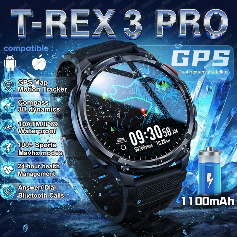 T Rex 3 Pro GPS Smartwatch With 1100mAh Battery silver Steel B 2a 1100mah Battery