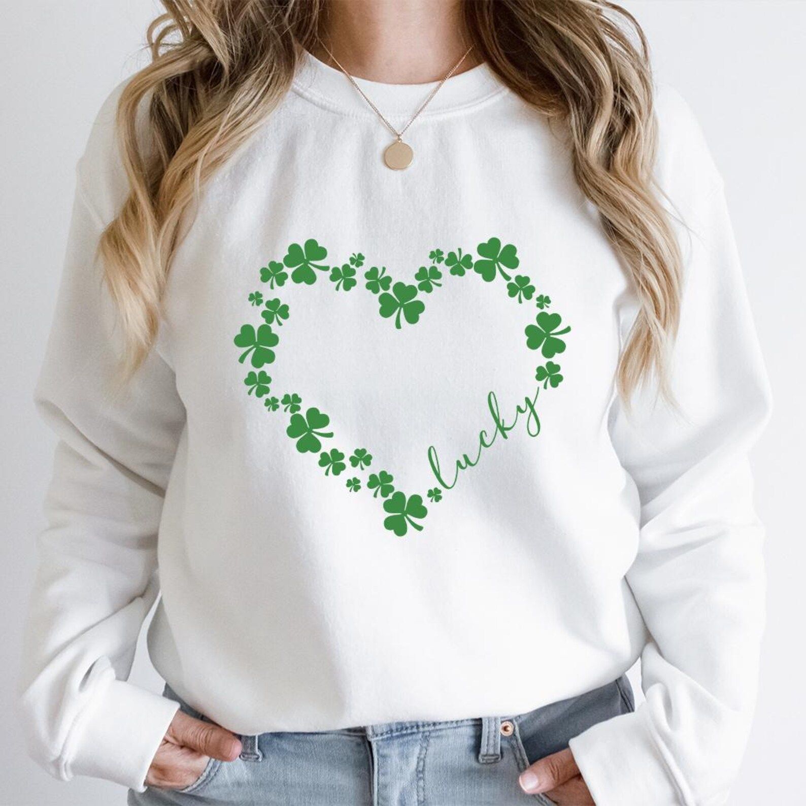 Heart Shamrock Sweatshirt | Lucky Irish St. Patricks Day Clover Heart Crewneck For Women navy 3xl sweatshirt