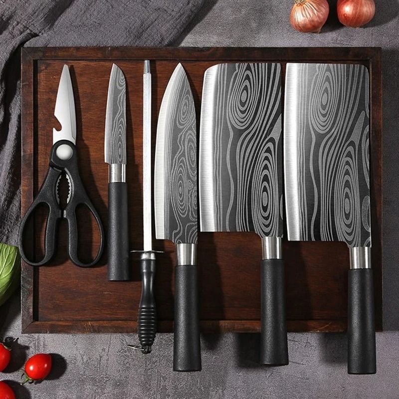 Damascus Pattern Stainless Steel Kitchen Knife And Professional Sharpening Set 02