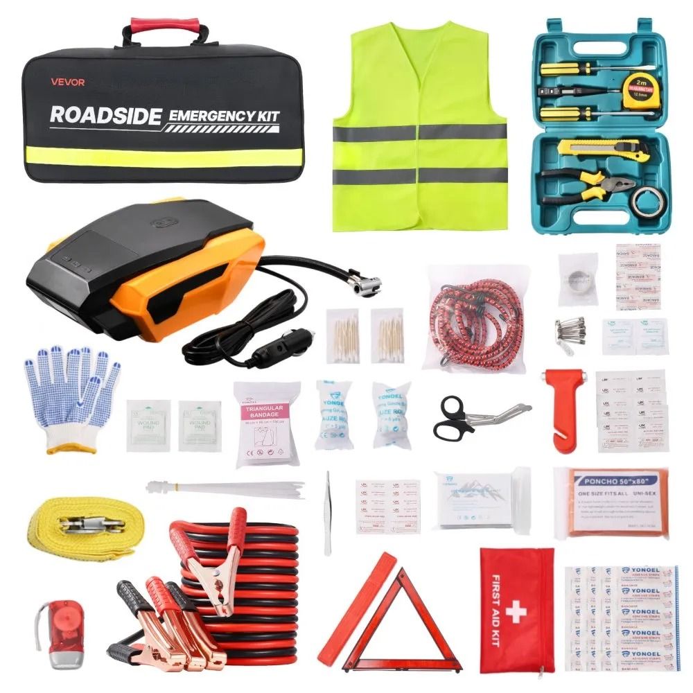 Car Emergency Kit With First Aid Kit, Jumper Cables & Air Compressor For Roadside Safety Car Emergency Kit With First Aid Kit, Jumper Cables & Air Compressor For Roadside Safety