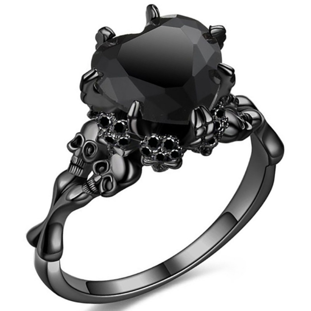 Dark Romance Gothic Skull Ring With Red Crystal Heart For Women red 7