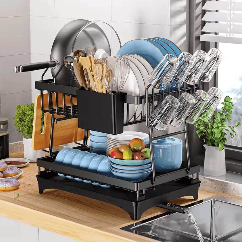 DryEase 2 Tier Dish Drying Rack Kitchen Dish Drying Rack Countertop Dish Drainer With Drip Tray Metal Dish Rack black