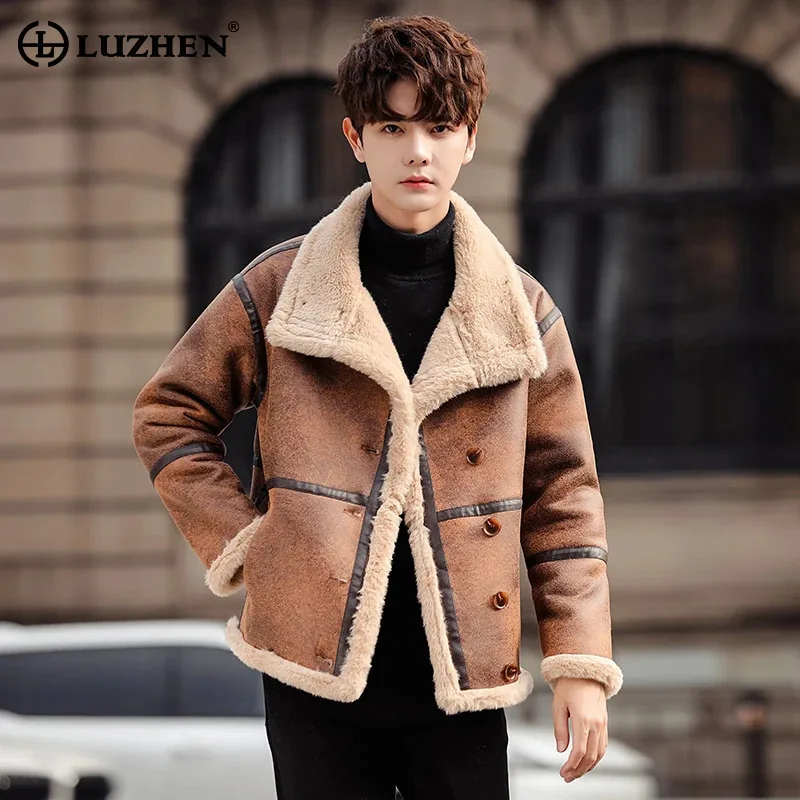 LUZHEN Jacke Design Pelz Faux Lamm Wolle Leder Patchwork Neue Winter Oberbekleidung Männlichen Casual Trendy Hohe Qualität Warme Mäntel JY4667 Image