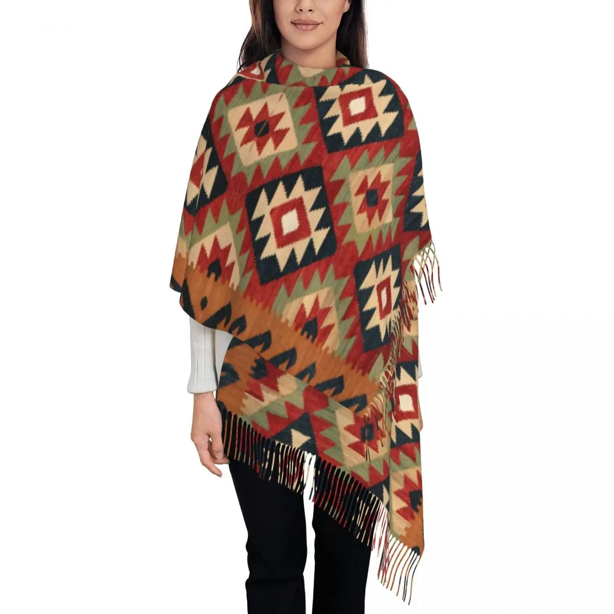 Lady Large Grey Loom Kelim Aztec Ethnic Art Schals Winter Herbst Warmer Quastenschal Wickelschal Böhmischer geometrischer Stammesmusterschal Image