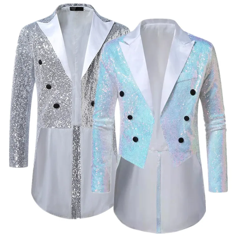 Britischer Stil Männer Luxus Pailletten Smoking Anzug Jacke Zweireiher Mantel weiß/silber Mode Sänger Bühne Performance Blazer Image