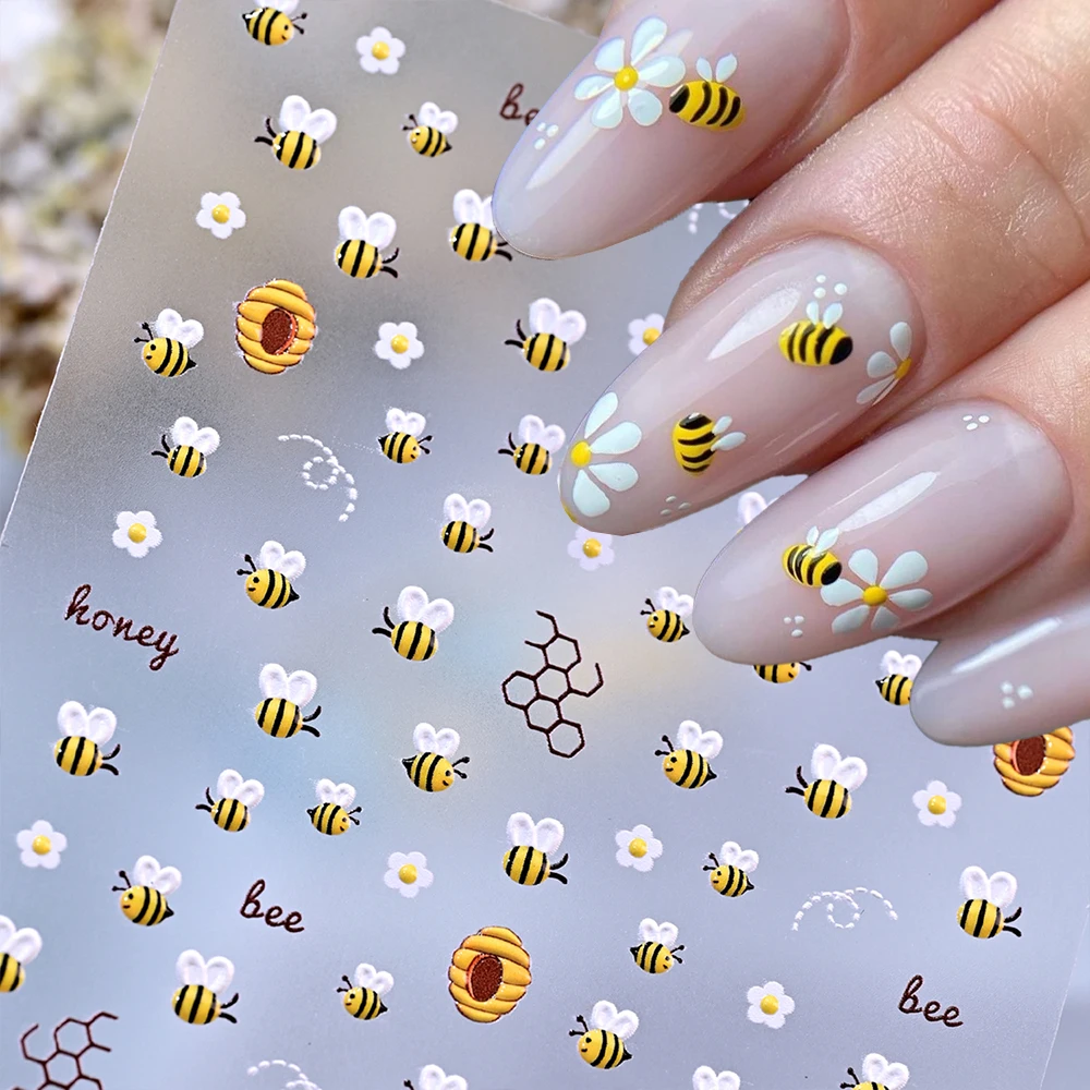 5D Geprägte Süße Bienen-Gänseblümchen-Blumen-Nagelkunst-Aufkleber, Bienen-Puppen, Fünfblättrige Blüten, Marienkäfer, Bienen, Insekten, selbstklebende DIY-Maniküre-Abziehbilder Image