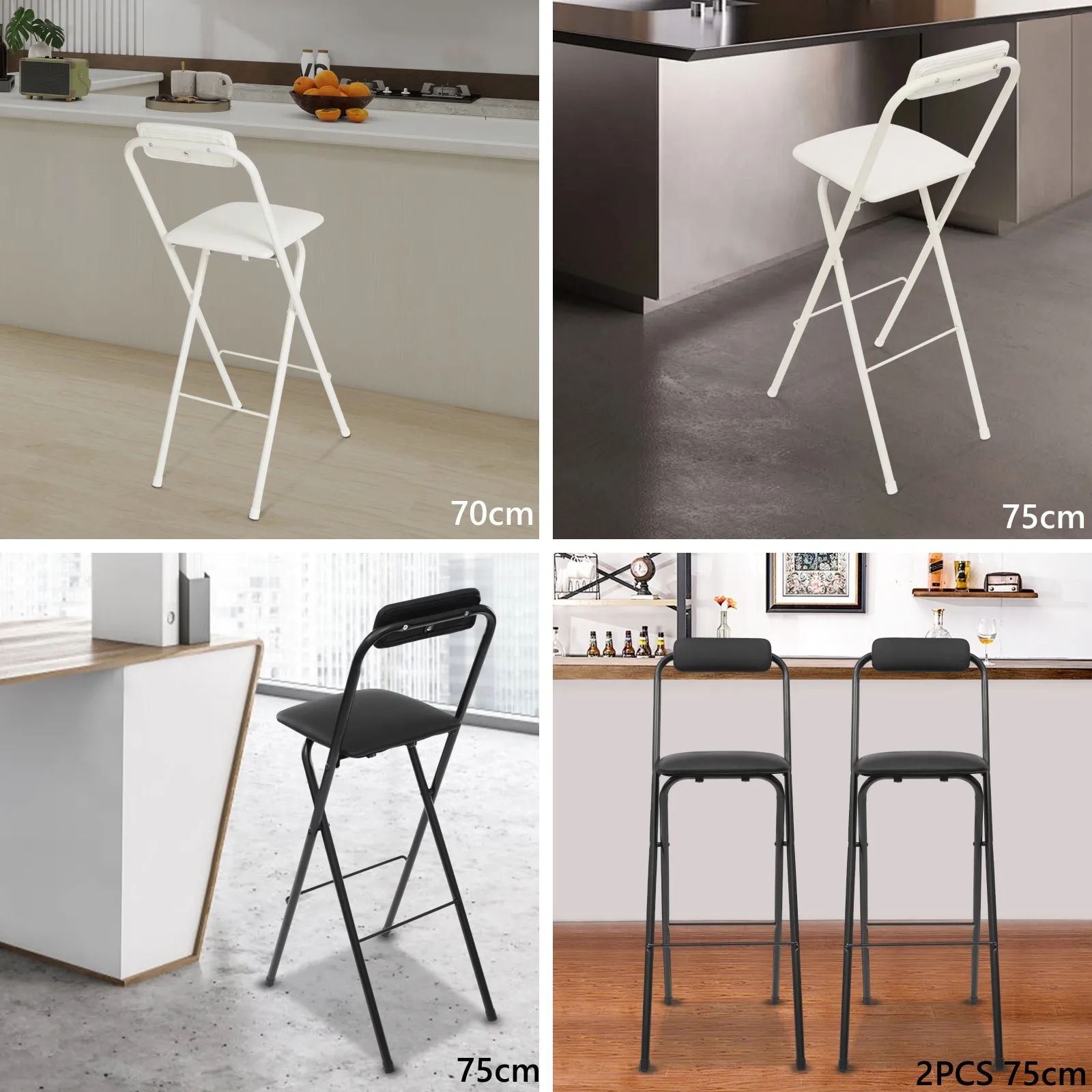 Barhocker, Barstuhl, 70/75 cm Höhe, Bistrostuhl aus Kohlenstoffstahl mit PU-Sitz, faltbare Barstühle für Küche, Café, Bar, Schwarz/Weiß Image