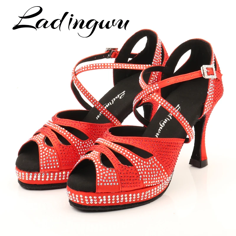 Tanz Schuhe Latin frauen schuhe Hohe Plattform Glitter Strass Und Frauen Satin Ballroom Dance Sandalen Rot Satin 6-10cm Ferse