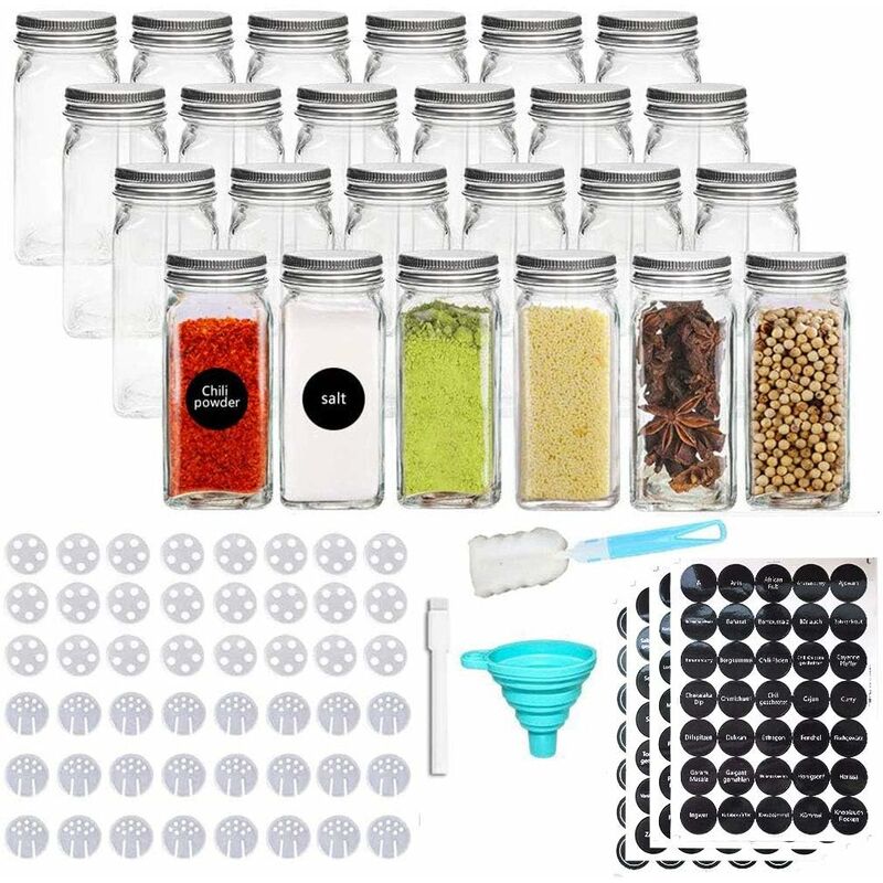 Minkurow Confezione Da 24 Barattoli Per Condimenti - Barattoli Per Condimenti, Barattoli Di Vetro Quadrati, Capacità 120 Ml, Tappo Ermetico 10,5 X 4,3 Cm, Lavagna Ed Etichetta Trasparente, Coperchi Pe