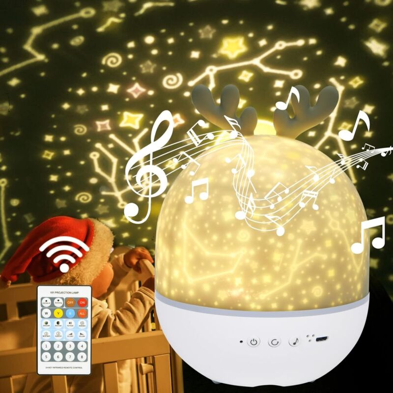Minkurow Lampada Proiettore Stelle Luce Notturna Per Bambini, Rotazione A 360° Luce Notturna Musicale + Timer + Telecomando + 6 Colori, Luce Notturna Led Baby Starry Sky Per Compleanno, Natale [classe