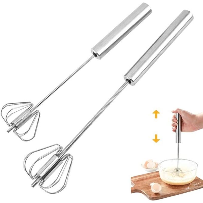 Minkurow 2 Fruste Per Uova, Frusta Semiautomatica Portatile Multifunzionale In Acciaio Inossidabile, Frullino Per Il Latte, Frullino Rotante Per Utensili Da Cucina (12 Pollici + 14 Pollici)
