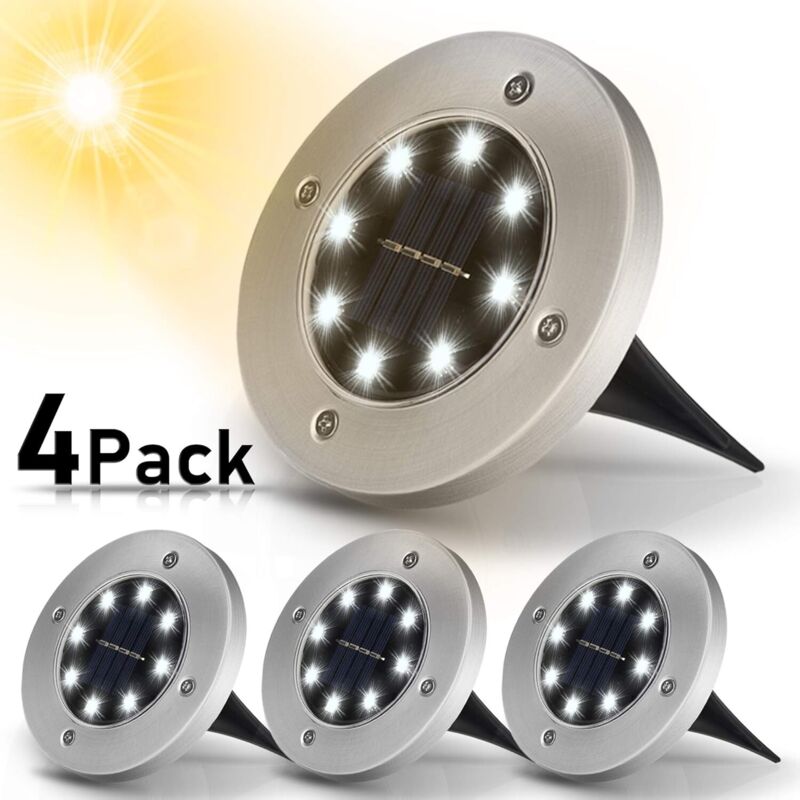 Luci Solari Per Esterni, Confezione Da 4: 8 Luci Solari Da Giardino A Led, Bianco Caldo 3000k, Impermeabili Ip65, Lampada Solare Per Esterni, Faretto Led Da Incasso Per Esterni, Per Uso Esterno, Giard