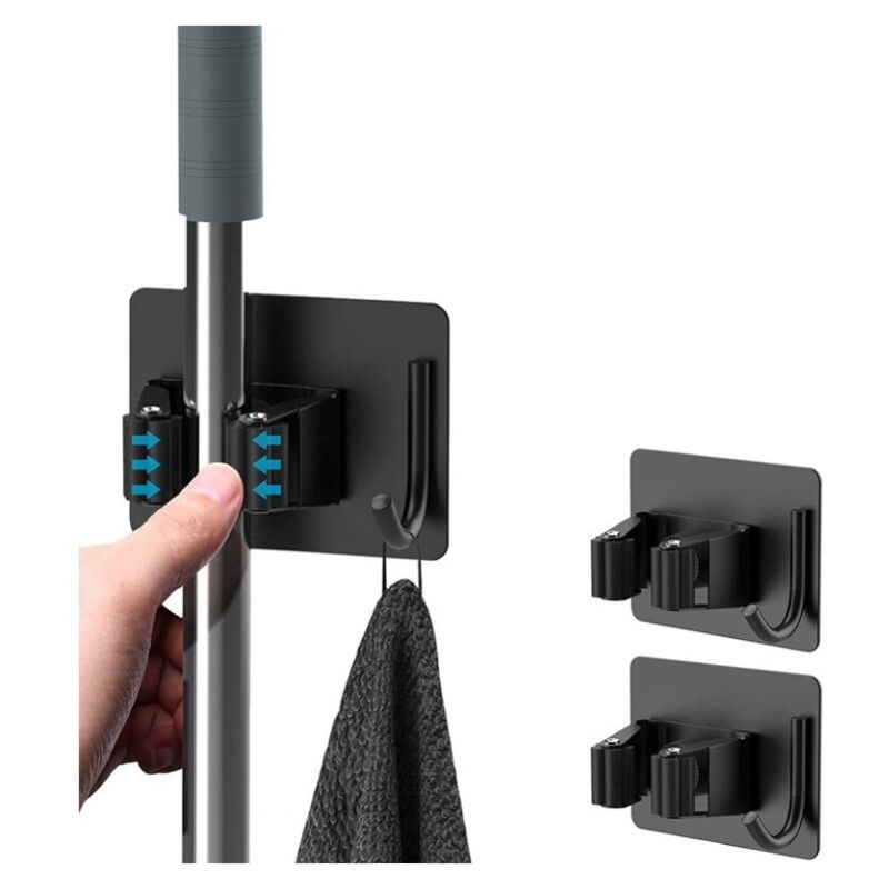 Minkurow 2 Pezzi Porta Scopa, Porta Scopa Autoadesiva Da Parete Senza Foratura, Porta Scopa Con Ganci Per Cucina Bagno Giardino Nero