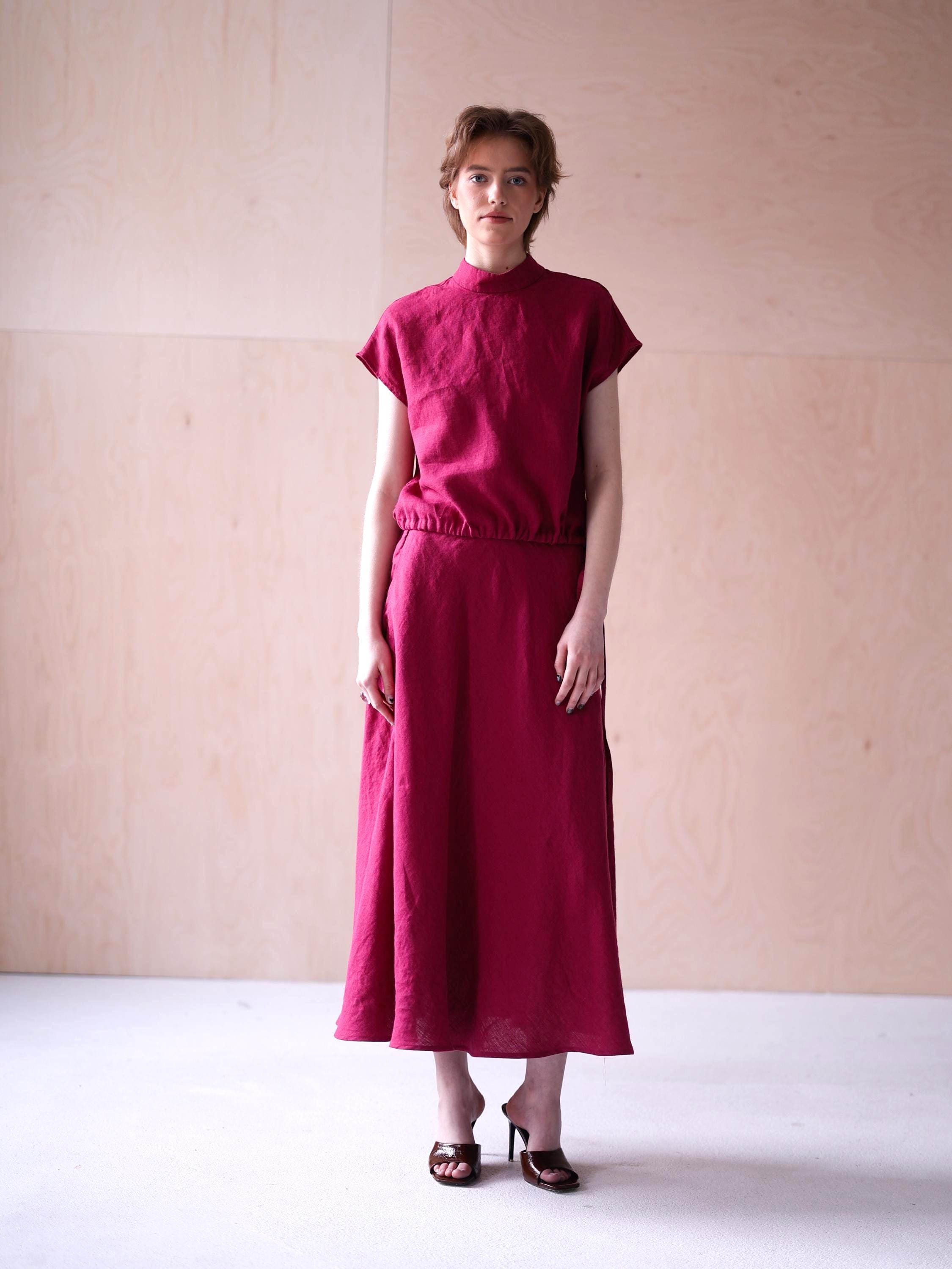 Leinen Bluse Mock Neck Top, Lockere Passform, Kappe Ärmel Leinen Top, Kordelzug Saum Blouson Bluse, Leinen Büro, Minimal Leinen Sommer Top MAGNOLIA