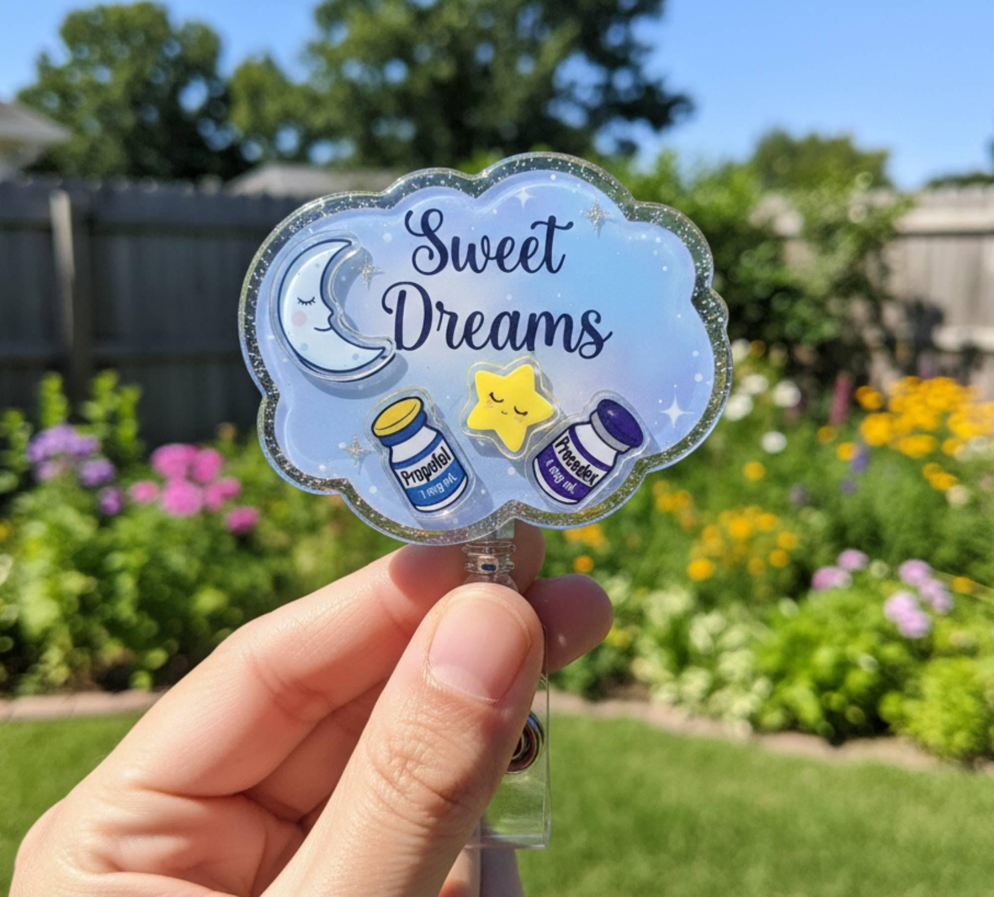 Porta badge shaker Sweet Dreams, porta badge shaker Propofol Precedex, porta badge shaker per tecnici di anestesia, porta badge shaker divertente per