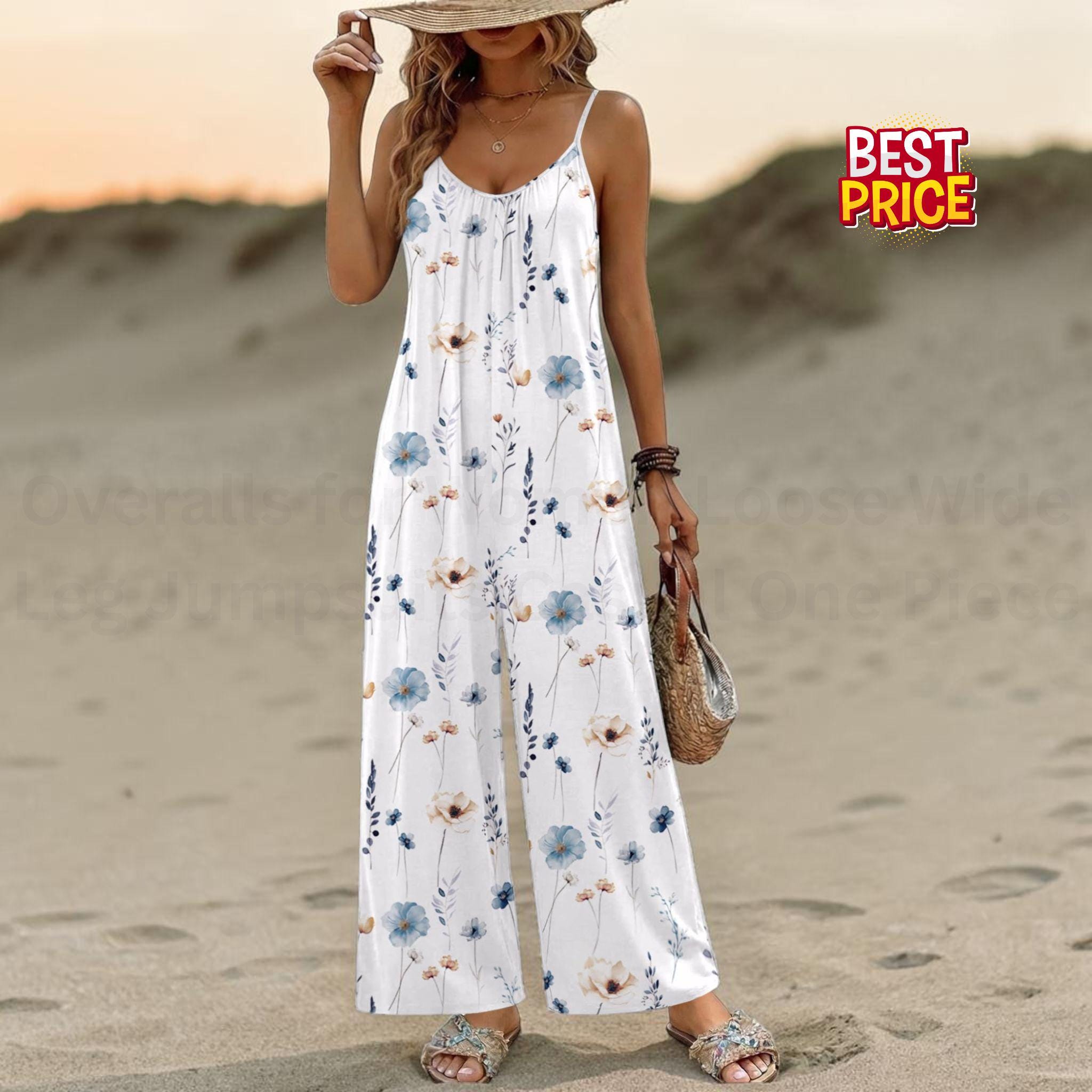 Tuta intera da donna stile boho con stampa, gamba larga, casual, senza maniche, pezzo unico