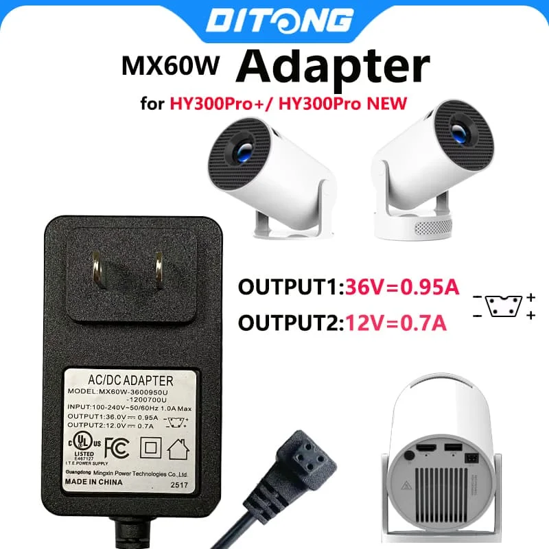 DITONG Projektor-Netzkabel 1 m/3 m Netzteil 36 V, geeignet für Magcubic HY300pro Pro+Projektorzubehör UK US EU AU Image