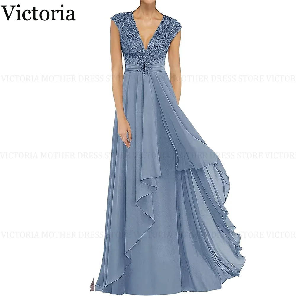 VICTORIA Elegantes Kleid für die Brautmutter/des Bräutigams 2025, neu, mit Perlen verziert, A-Linie, tiefer V-Ausschnitt, langes Spitzen-Chiffon-Hochzeitsgast-Partykleid