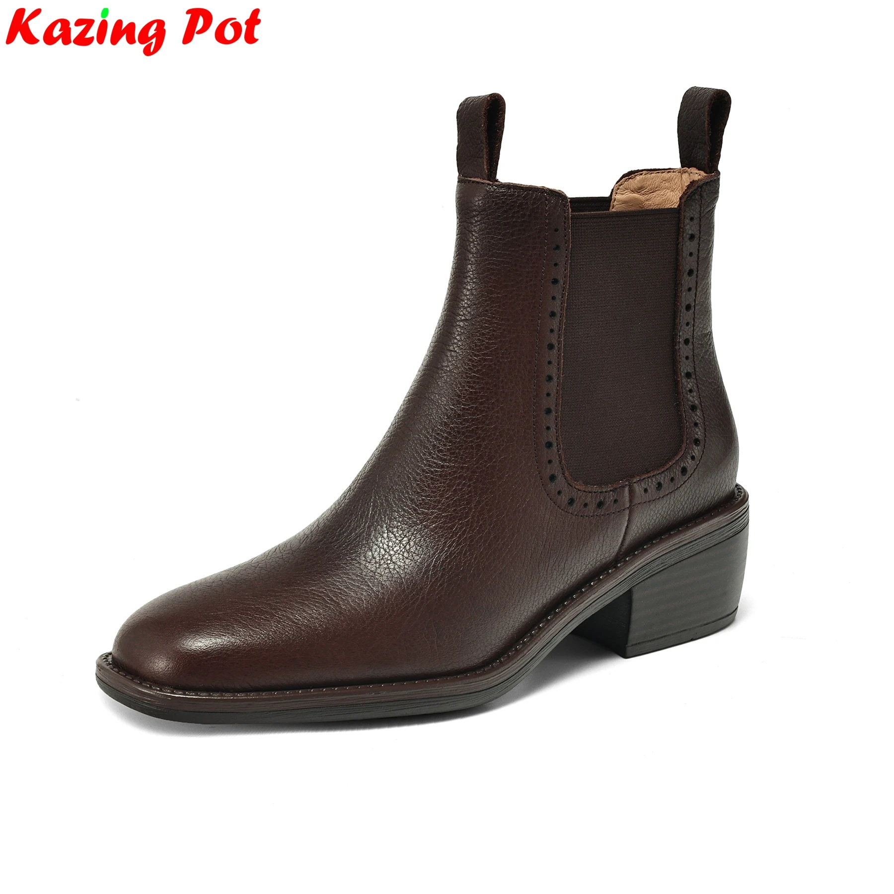 Krazing Pot Große Größe 34-43 Rindsleder Runde Zehen High Heels Retro Moderne Chelsea Stiefel Warme Winterschuhe Motorräder Stiefeletten
