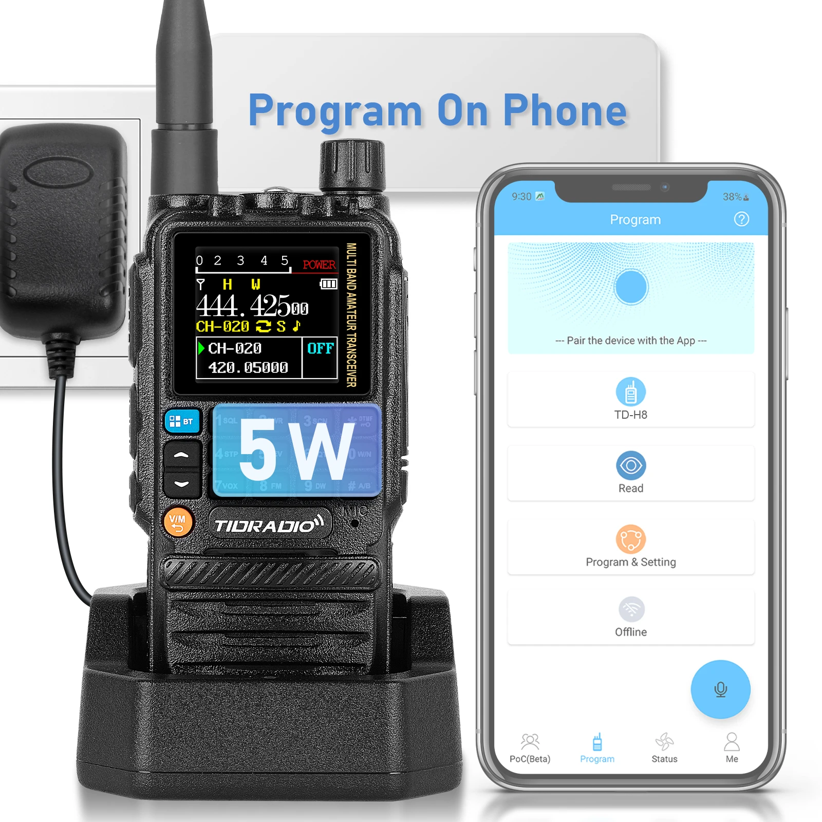 TIDRADIO H3 Walkie-Talkies mit großer Reichweite, kabellose Programmierung, Amateur, Tow-Way-Radio, Am, FM-Air-Band, kabellose Set-Station, Kommutator Image