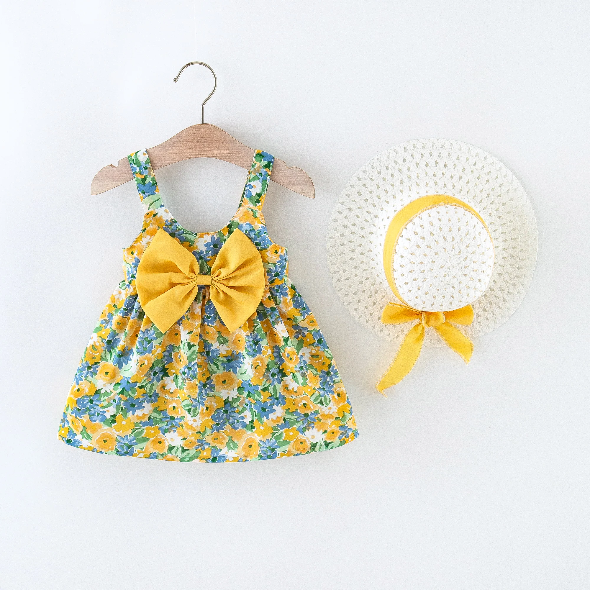 2 Teile/satz Blumen Baby Mädchen Kleider Sommer Mode Kleinkind Kinder Kleidung Strand Glatte Kleid kinder Kostüm Hut 0 Bis 3 jahre Image
