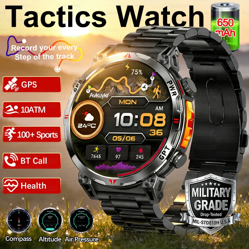 2026 Neue Outdoor GPS Sport-Smartwatches für Herren mit Kompass, 10ATM Wasserdicht, 24/7 Gesundheitsüberwachung, Chat GPT, Bluetooth-Anruf Smartwatch