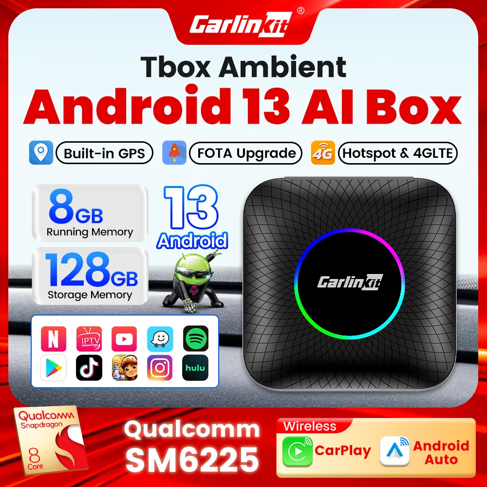 Android 13 LED CarlinKit Android Ai Box Wireless CarPlay Android Auto Qualcomm SM6225/SDM660 GPS für Netflix/YouTube/SD/SIM-Karte Image
