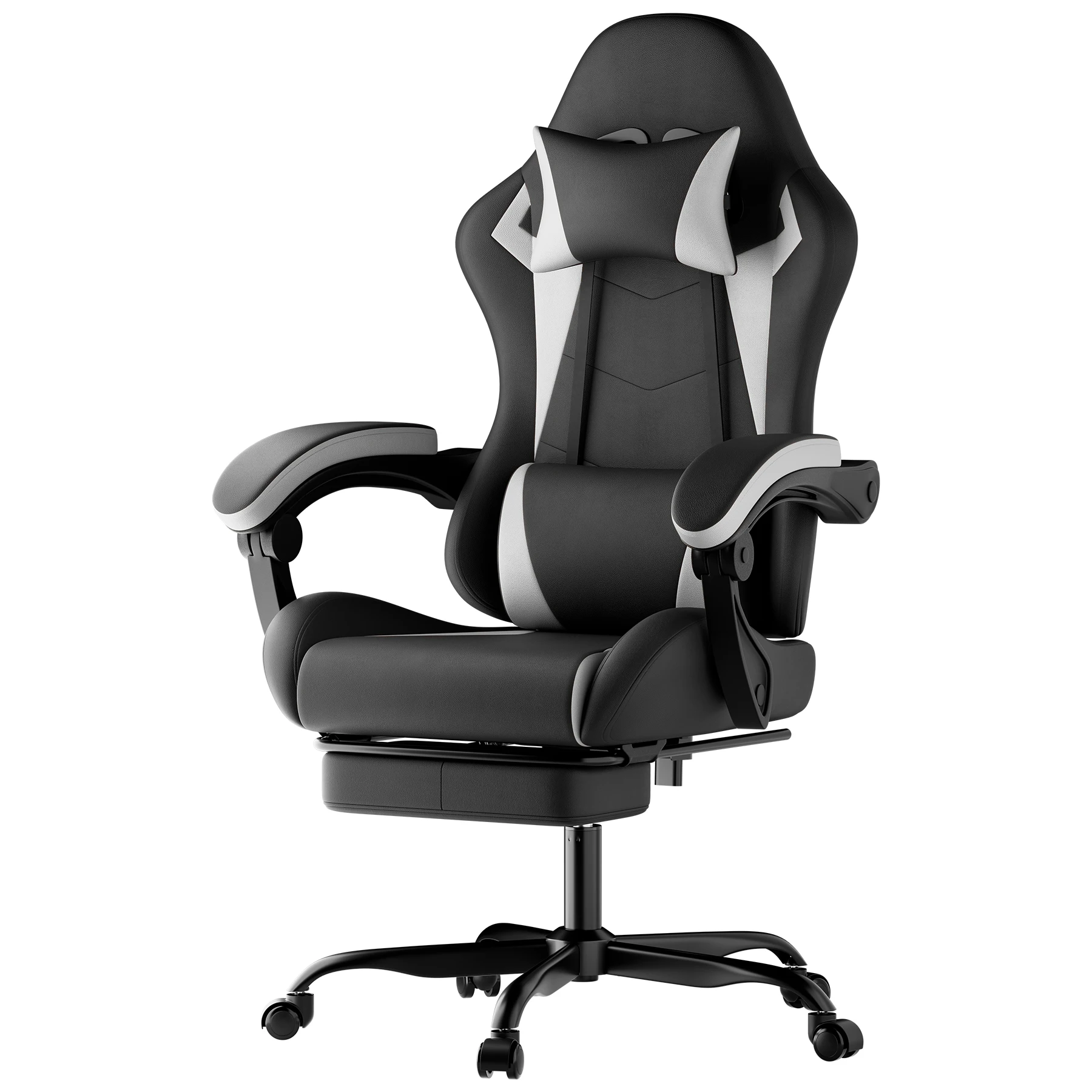 Schwarz-weißer Gaming-Stuhl aus PU-Leder, ergonomischer Computerstuhl im Racing-Stil mit Fußstütze, höhenverstellbarer Drehstuhl mit Lendenwirbelstütze und Kopfstütze für Erwachsene, Jungen und Mädchen