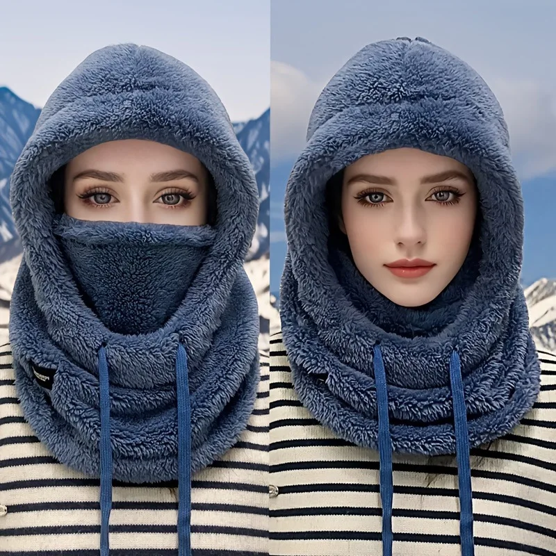 Winter Winddichte Plüsch-Mütze mit Maske, Warmer Nackenschutz für Damen, Fahrradmütze, Hochgeschnittene Mütze ohne Krempe, Gestrickt aus Schafsvlies, Frischer Süßer Stil Image
