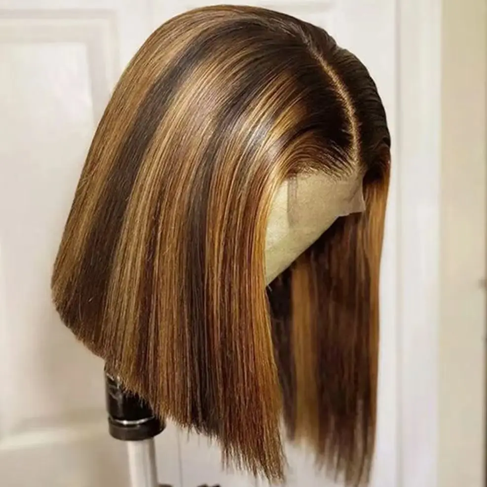 100% Remy Echthaar 4/27 Highlight Bob Perücken, Echthaar 13x4 Lace Frontal Perücken, P4/27 Ombre 4x4 Lace Bob Perücken für Damen, 180% Dichte