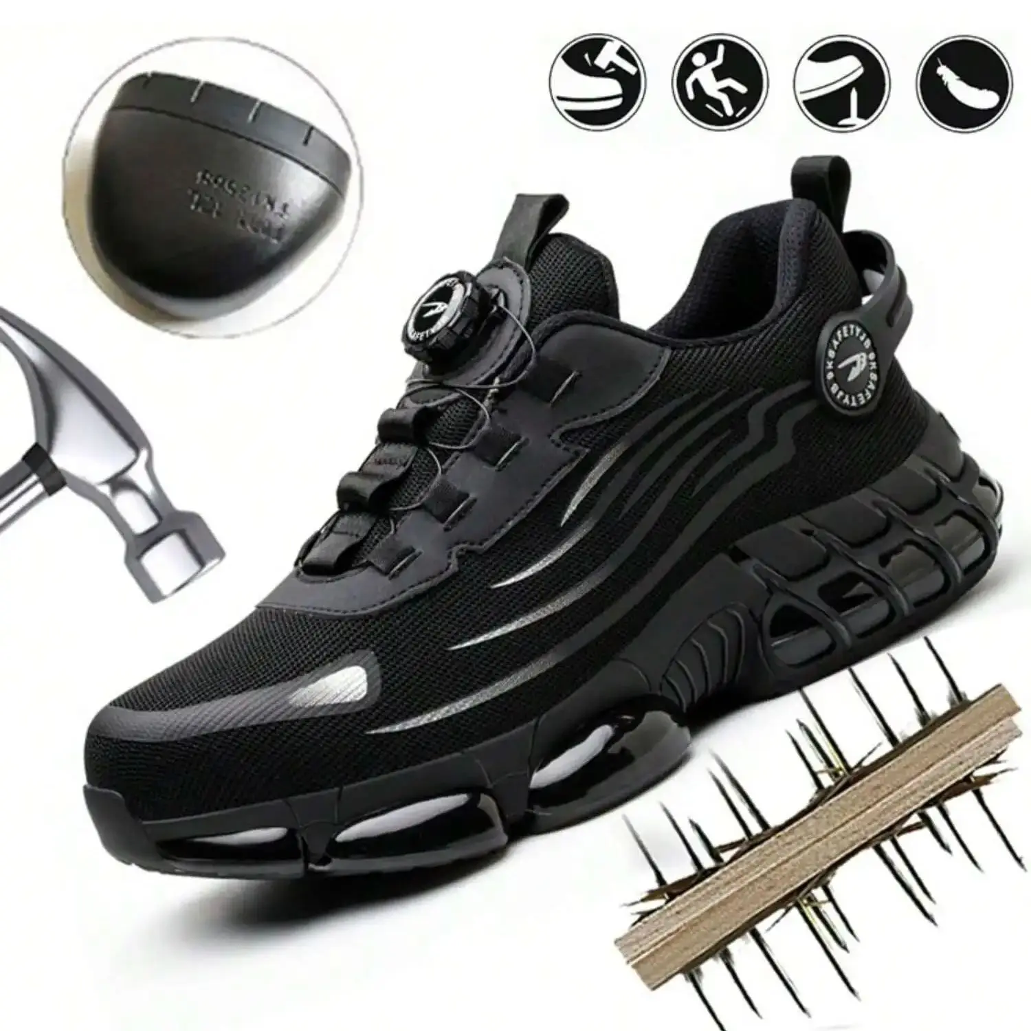 Sicherheitsschuhe mit Drehknopf, Größe 37–48, für Herren und Damen, Turnschuhe mit Stahlkappe, schnürfreie Schuhe, pannensichere Anti-Smash-Stiefel