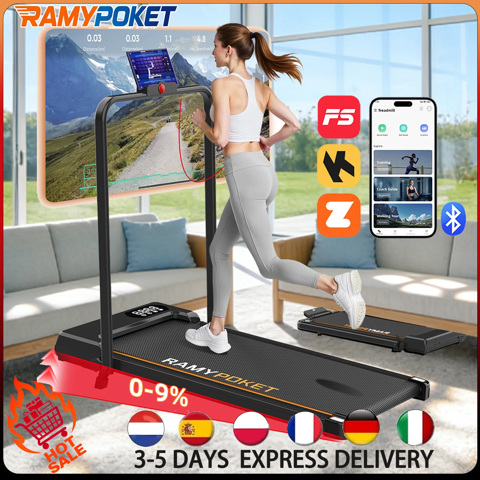 RAMYPOKET Tapis roulant elettrico pieghevole Pendenza 9% Velocità APP 1-10 km/h Motore silenzioso 2,5 CV Tappetino da passeggio per ufficio domestico attrezzi palestra tapis roulant pieghevole per