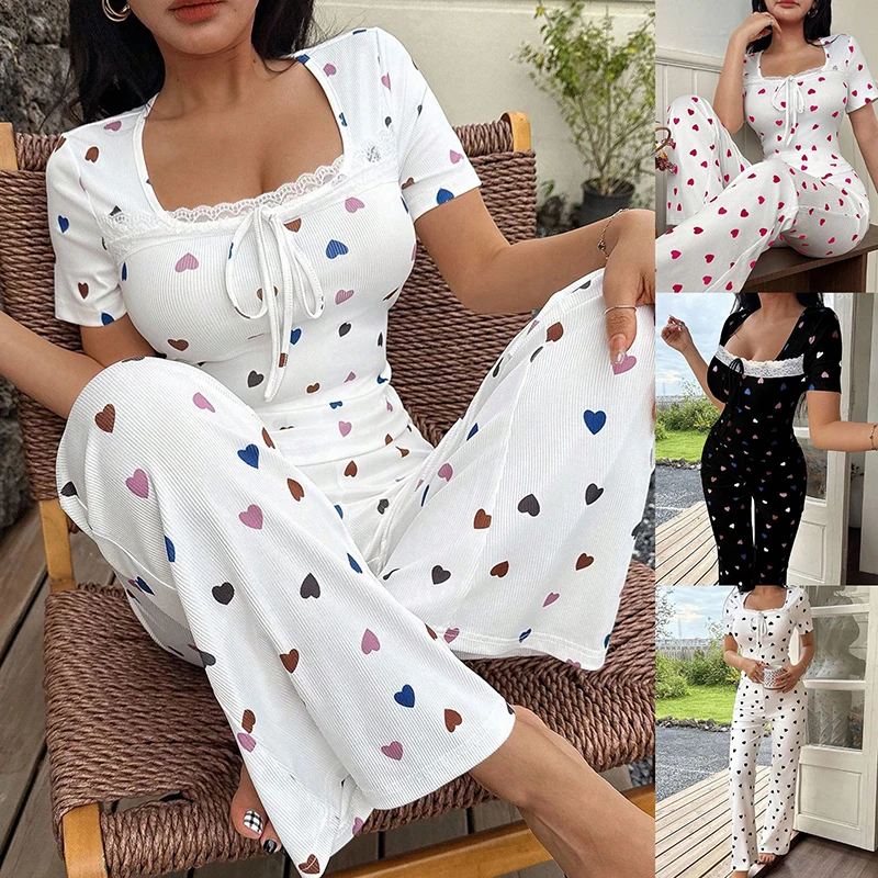 Pigiama Sexy a Forma di Cuore per Donna, Set Due Pezzi alla Moda con Pizzo, Maniche Corte e Pantaloni Lunghi, Abbigliamento Casual da Casa