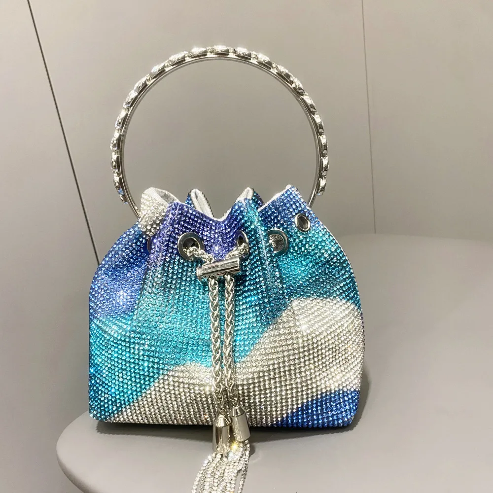 Borsa a secchiello con diamanti Borsa da sera con manico Borsa da donna Borsa con manico ad anello in metallo Borsa con pochette per festa di nozze Borsa a tracolla