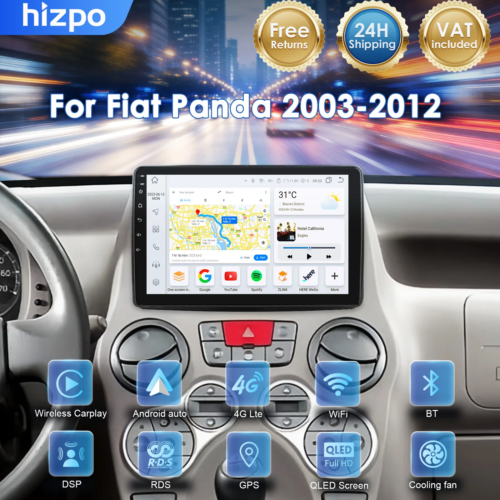 Hizpo Autoradio Android 14 da 9 Pollici per Fiat Panda 2003-2012 con Apple CarPlay Wireless e Android Auto, 4G WiFi, GPS, Bluetooth, RDS, SWC, Navigazione GPS, Telecamera 360, Stereo 2 Din, Lettore