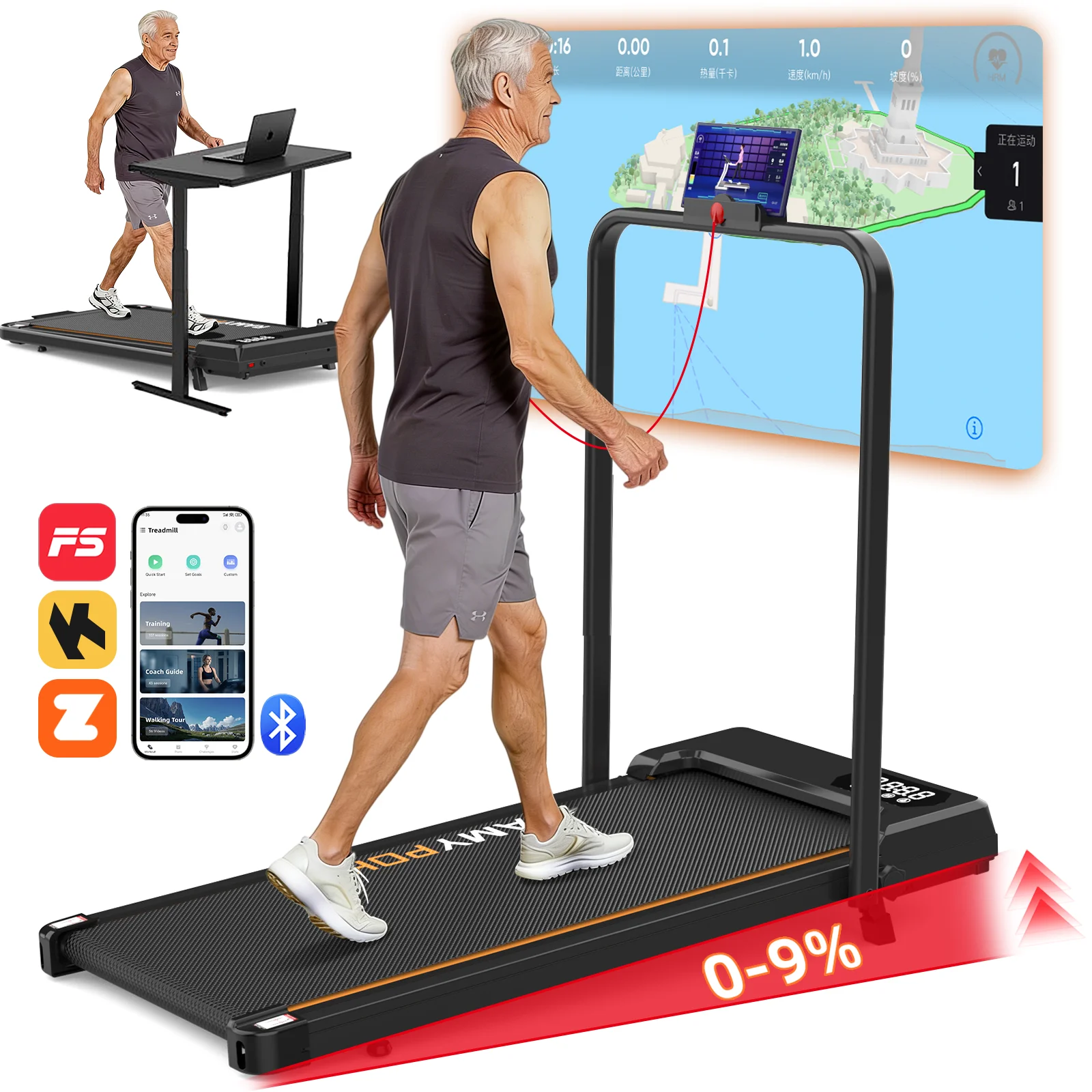 RAMYPOKET Tapis roulant elettrico pieghevole Pendenza 9% Velocità APP 1-10 km/h Motore silenzioso 2,5 CV Tappetino da passeggio per ufficio domestico attrezzi palestra tapis roulant pieghevole per