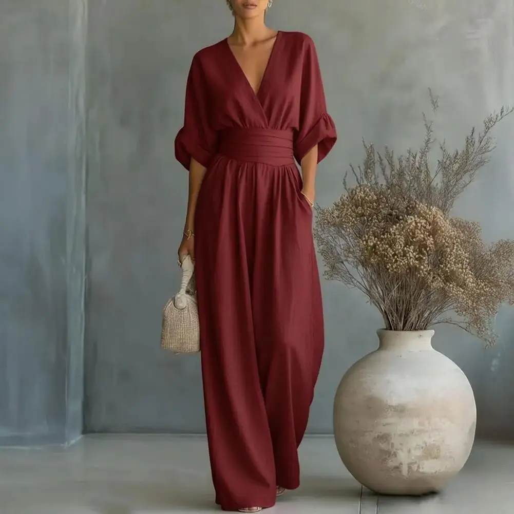 Tute intere da donna casual con scollo a V, maniche corte, gamba larga, tuta estiva a vita alta per vacanze al mare con tasche