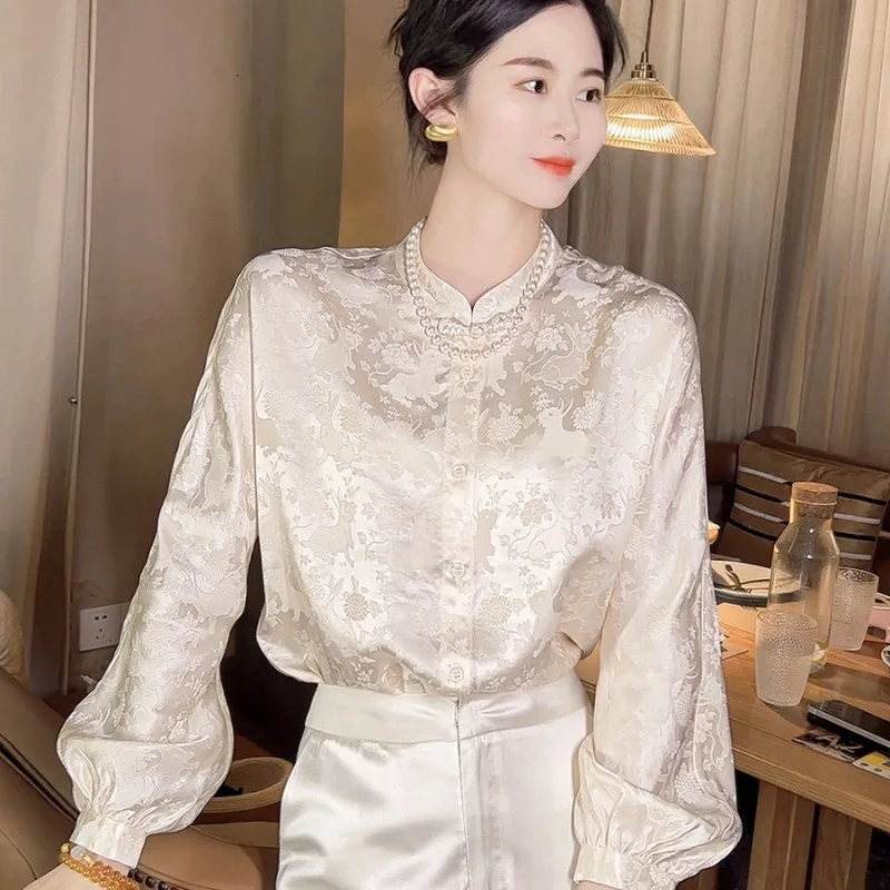 Camicie da donna in raso fiore di seta camicette in stile cinese o-collo primavera/estate nuove signore abbigliamento sciolto maniche lunghe moda top