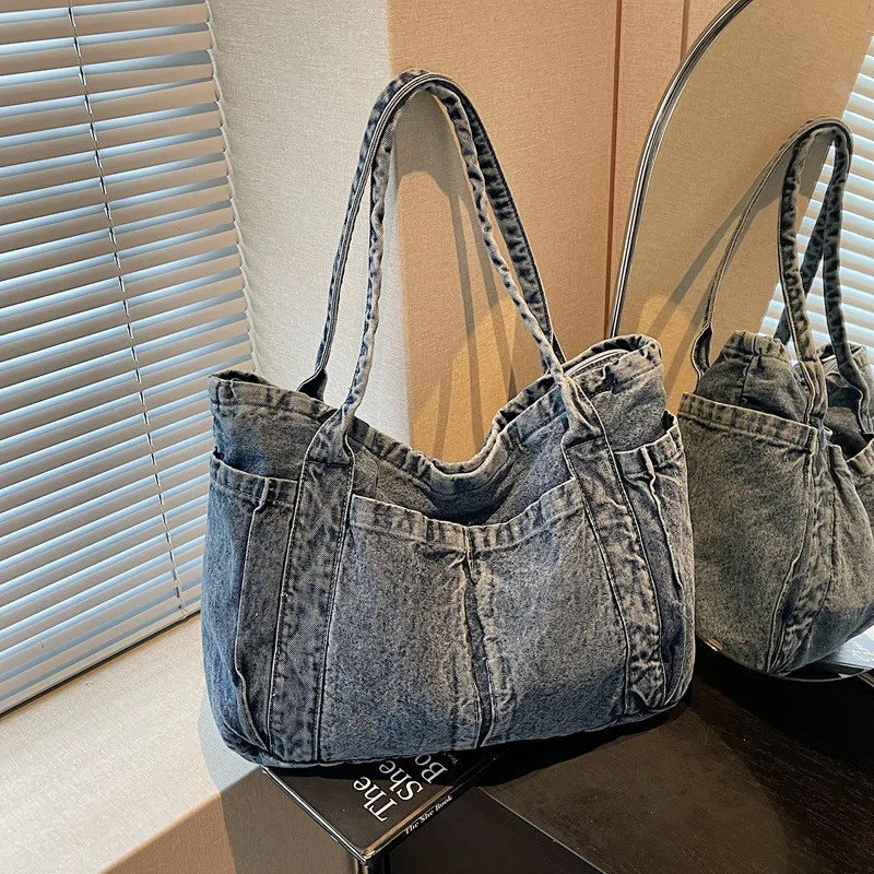 Borsa a Tracolla Stile Coreano Vintage Grande Capacità in Denim Lavato, Casual e Minimalista, Borsa per Pendolari, Nuova Moda Semplice Borsa per Mamme