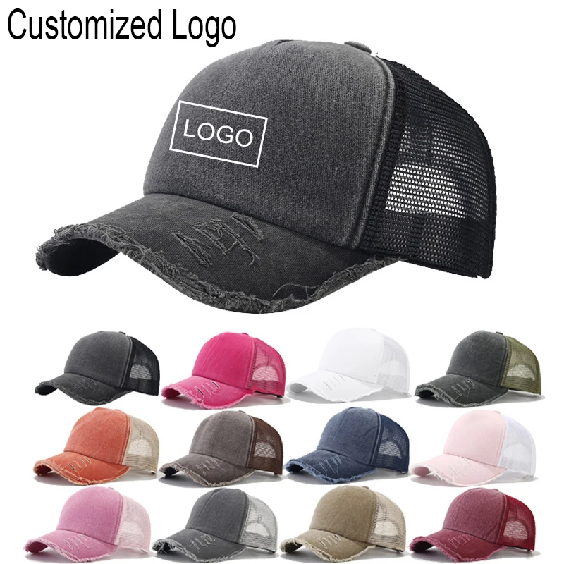 Logo personalizzato Nuovo berretto da baseball retrò vecchio a 5 pannelli lavato in tinta unita con bordo luminoso Mesh uomo donna berretto da camionista traspirante casual