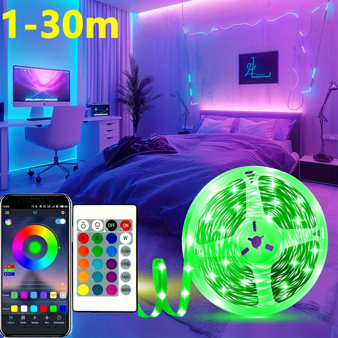 1-30m Bluetooth RGB LED Strip Light per TV Retroilluminazione USB 5V 5050 Nastro flessibile APP Telecomando Sala giochi Decorazioni natalizie Luci