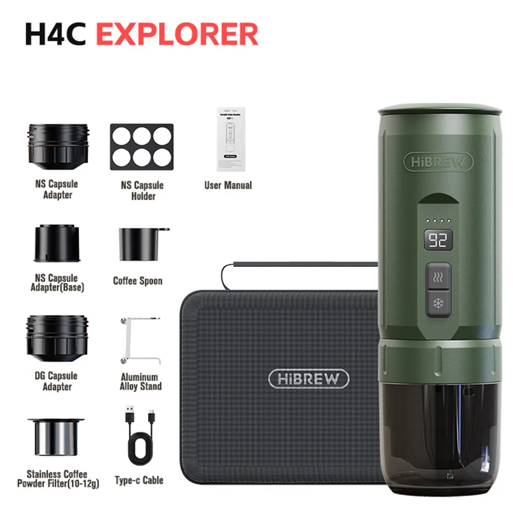 OutIn Nano Macchina da caffè espresso portatile, Macchina da caffè da viaggio per campeggio, Macchina da caffè per auto con riscaldamento automatico con USB-C, con caffè macinato e capsula NS per